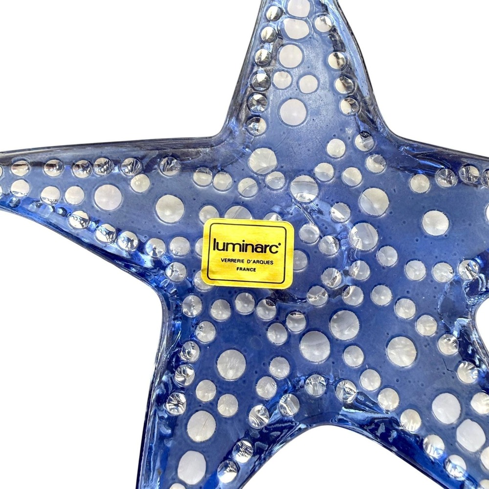 Starfish Candle Holders Blue Glass Luminarc France Vintage Pair Coastal Beach - Picture 5 of 5